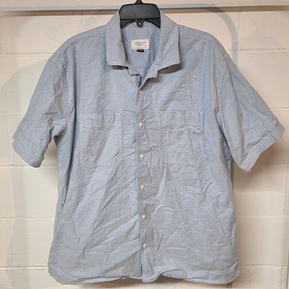 AE Poolside Button Up Shirt Mens LT Powder Blue Short Sleeve Tall Cotton Blend